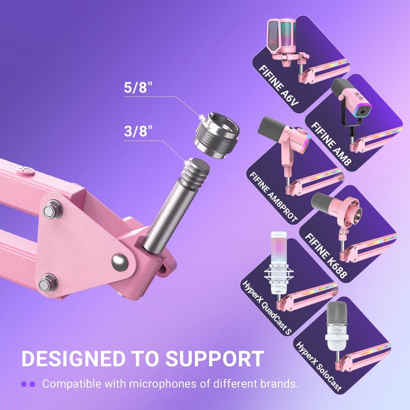 FIFINE Microphone Boom Arm, Metal Adjustable Mic Arm Stand with RGB Button, 3/8” to 5/8” Screw Adapter, Desk Mount Clamp, Suspension Scissor Mic Stand for Gaming Streaming Podcast-AmpliGame BM38P - Image 5